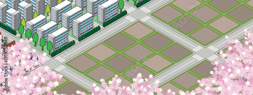 田園風景のイラスト. アイソメ図で描いた都市.