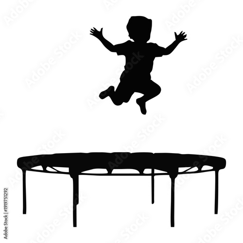 silhouette of a child playing on a trampoline on a white background