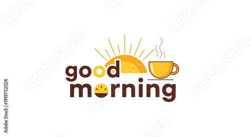 A cheerful vector emblem symbolizing the morning's fresh embrace, featuring a radiant sun, a steaming beverage, and the inviting 'good morning' text