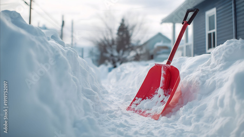 Closeup of bright red snow shovel standing upright in deep white snowbank shovel neatly positioned crisp contrast against fresh snow softly blurred resi