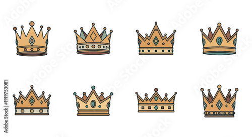Set of gold crowns on white background