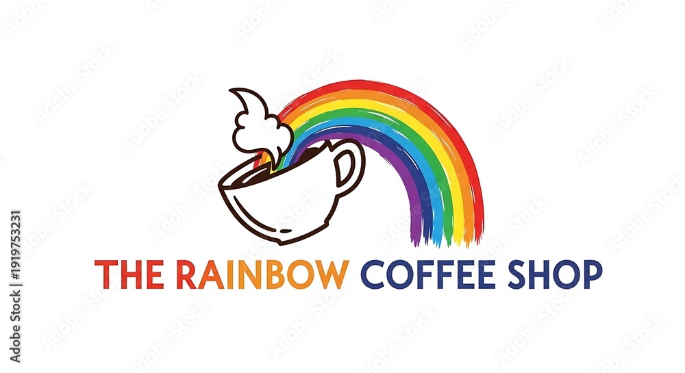 Obraz premium A colorful logo for a vibrant coffee shop with a rainbow theme and a steaming cup