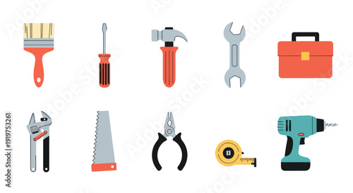 Set of various hand tools on white