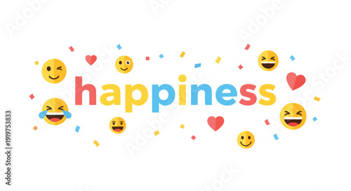 A vibrant display of diverse cheerful emojis alongside the word 'happiness' amidst festive confetti and hearts