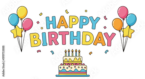 A vibrant, joyful birthday celebration illustration featuring colorful balloons, a delicious tiered cake with flickering candles, and festive