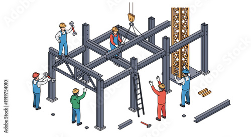 Construction Workers Building Metal Frame Structure.
