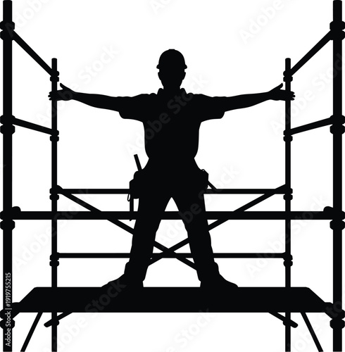 Construction worker holding scaffolding frame silhouette, industrial builder safety and engineering concept vector illustration isolated on white background