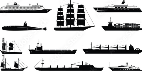 Black and white ship silhouettes collection, cruise liner cargo vessel submarine sailboat yacht maritime transport vector illustration isolated background set