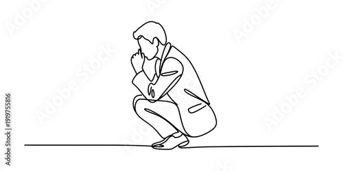 Continuous line drawing of a businessman in a suit crouching and thinking deeply about a problem Vector, illustration