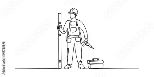 Continuous line drawing of a construction worker holding a level and a power drill next to a toolbox Vector, illustration