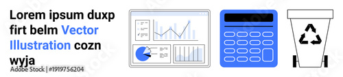 Analytics dashboard with charts, a calculator for calculations, and a recycling bin promoting eco-friendly behavior. Ideal for sustainability, business reports, education, data analysis