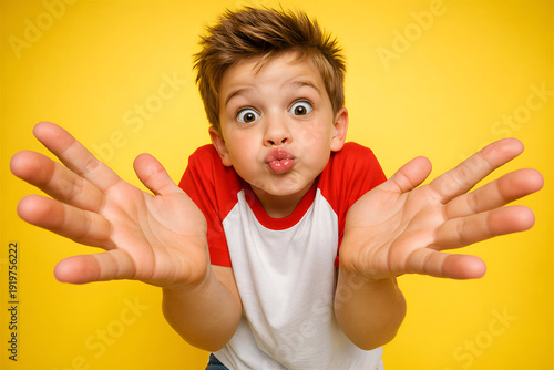 Playful Mischievous Boy Blowing Kiss with Open Hands in Forced Perspective on Bright Yellow Background