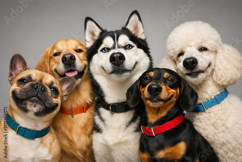 Confident mixed breed dogs group portrait with humorous meme expressions