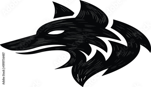 Aggressive wolf head mascot vector illustration with tribal fur texture, black flat design for sports team logo, wildlife apparel, and rugged outdoor branding