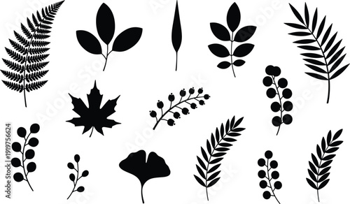 Black hunting silhouettes set featuring deer buck with antlers, hunters with rifles aiming, and gun dog, CAD drawing flat vector illustration on white background