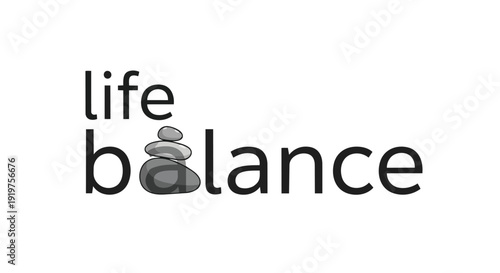 A graphic design illustrating the profound concept of personal life equilibrium depicted by carefully stacked stones replacing a letter, conveying