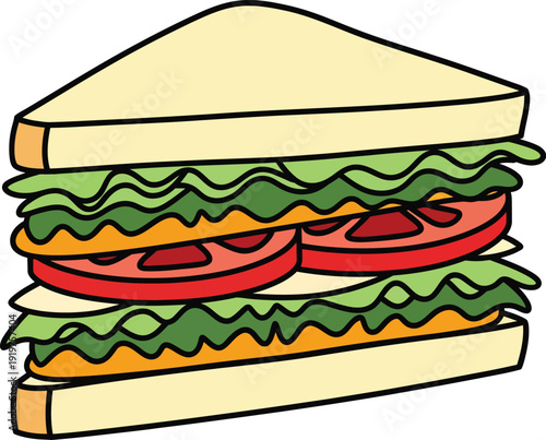 A colorful cartoon illustration of a triangular cut sandwich with layers of lettuce and tomato.