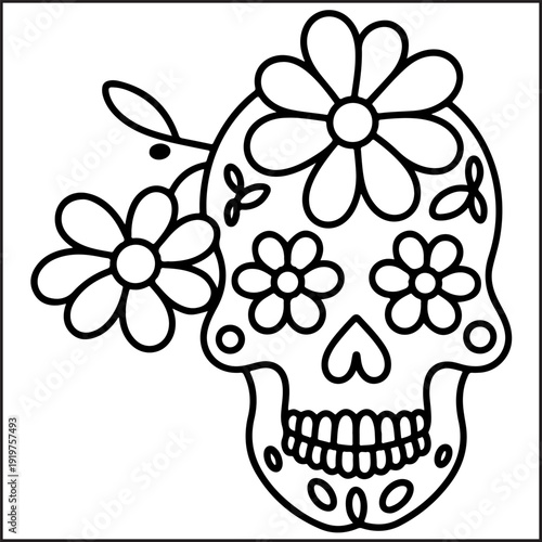 Skull with flowers coloring page hand drawn vector illustration, black and white line art, printable design for adults and kids
