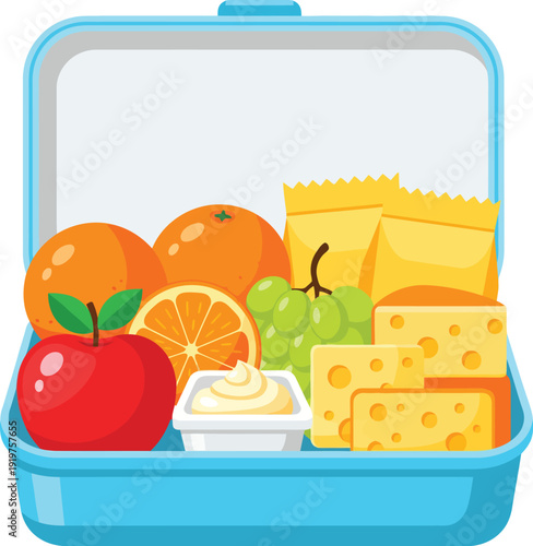 Blue plastic lunchbox packed with a healthy meal of apple oranges grapes cheese crackers and dip.