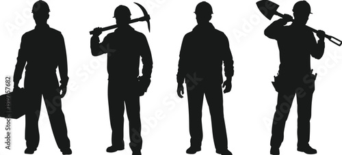 Construction worker silhouettes with toolbox, pickaxe and shovel tools set, professional builder and contractor concept vector illustration isolated on white background