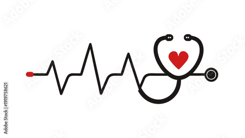 One Line Drawing Stethoscope and Heartbeat ECG Line Logo, Cardiology Healthcare Symbol Vector