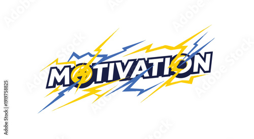 Dynamic Motivation Word Art with Electric Energy Bolts and a Cheerful Face Symbolizing Drive and Positivity