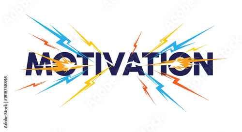 Dynamic graphic presenting 'MOTIVATION' surrounded by energetic multi-colored lightning bolts and vibrant sparks, embodying powerful inspiration and