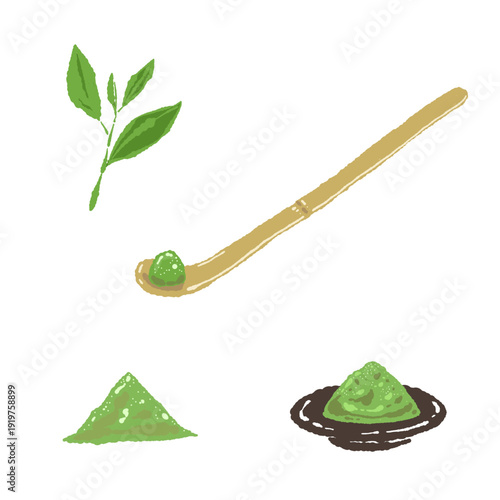Matcha Powder and Bamboo Scoop Illustration Set