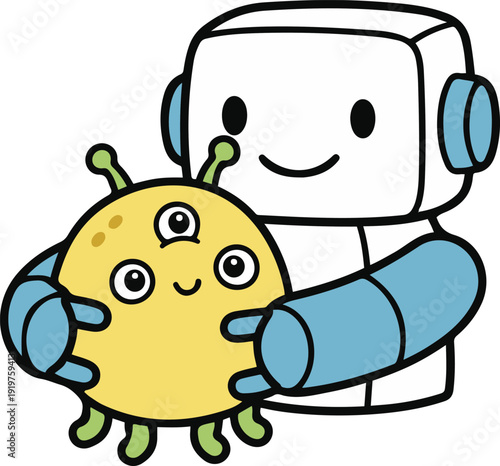 Cute vector illustration of a friendly robot hugging a smiling three-eyed alien creature, showing friendship, technology, and adorable sci-fi characters.