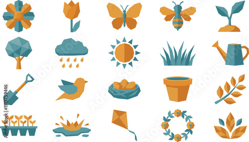 Collection of stylized low poly icons representing various elements of springtime nature and gardening