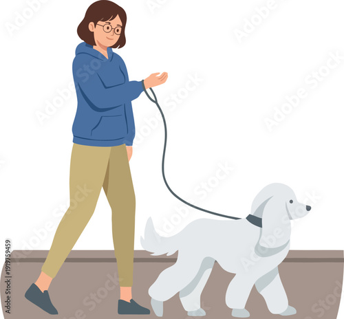 Casual woman walks her fluffy white poodle dog on a leash during the day