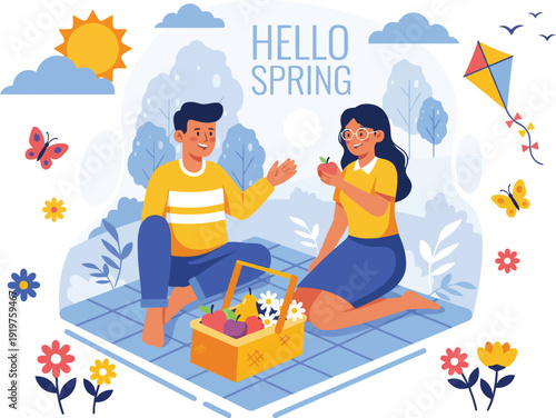 Cheerful couple enjoying a delightful outdoor spring picnic with fresh fruit and sunshine