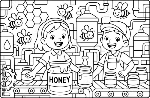 Honey Factory hand drawn vector illustration doodle art line art coloring page for kids