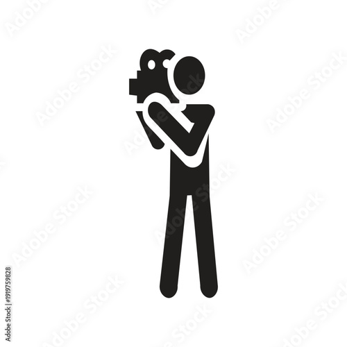 An iconic image of a person acting as a cameraman is a silhouette illustration generally depicting a professional or hobbyist focused on operating image,video recording equipment. This icon is often u