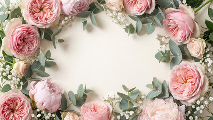 Soft pink roses and eucalyptus create a frame for Mother's Day