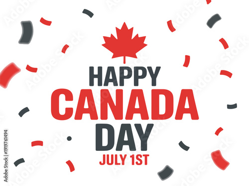 Confetti showers a red maple leaf logo for Happy Canada Day July first.