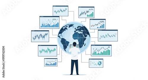 Analyst examining global financial data visualizations on a white background