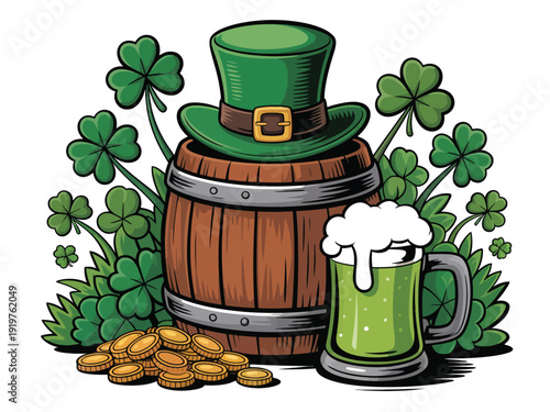 St Patrick's Day composition features a wooden barrel, green beer, gold coins.