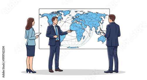 Business professionals analyze global map strategy presentation illustration