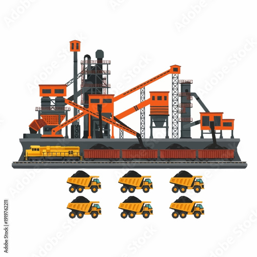 Industrial mining and processing plant with dump trucks and train.