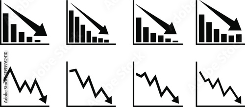 Downward financial charts and declining arrow graphs illustrating economic recession, market loss, business downturn, investment risk, stock market crash, and negative performance analytics concept