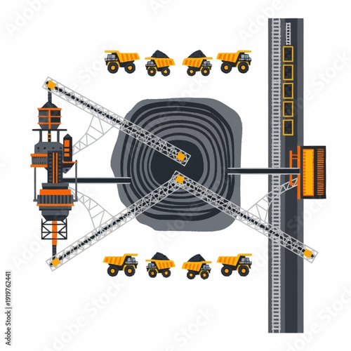 Open pit mine with heavy machinery and conveyor belts for mineral extraction.