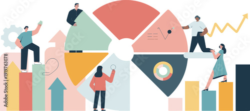 Business data analytics illustration showing team collaboration around pie chart, growth arrows, bar graphs, and performance metrics for strategic planning, financial analysis, and marketing insights