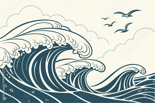 Stylized Ocean Waves and Flying Seagulls Illustration.
