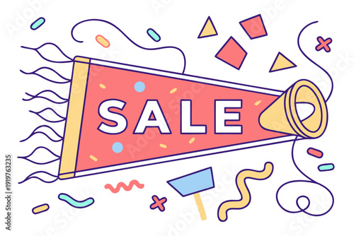 Vibrant Sale Announcement Megaphone Banner with Abstract Elements.