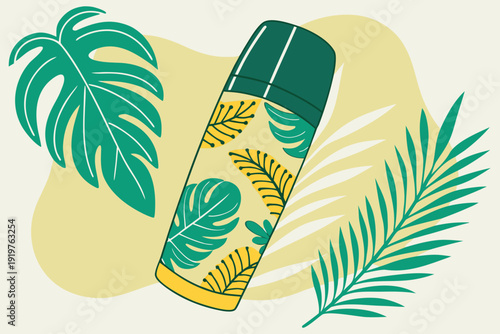 Stylized Tropical Bottle with Exotic Leaf Pattern.