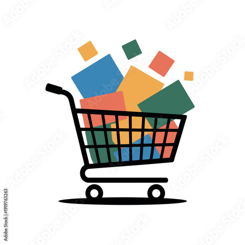 Shopping cart overflows with brightly colored abstract square packages representing consumer.