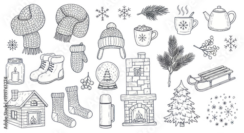 Winter season hand drawn doodle set with cozy elements and festive decorations.