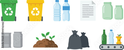 Recycling and waste sorting flat icons showing bins, plastic bottles, paper, glass, metal, compost and garbage bags for sustainable household recycling management