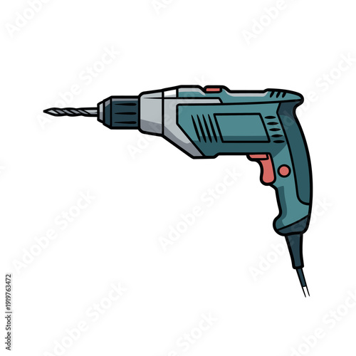 Corded electric power drill with a sharp bit is depicted ready for construction or home repair.
